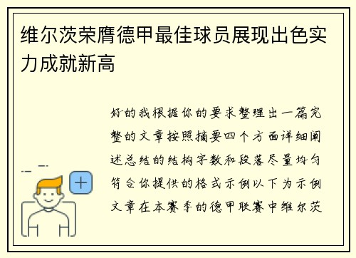 维尔茨荣膺德甲最佳球员展现出色实力成就新高 维尔茨荣膺德甲最佳球员展现出色实力成就新高