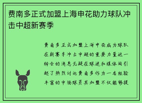 费南多正式加盟上海申花助力球队冲击中超新赛季